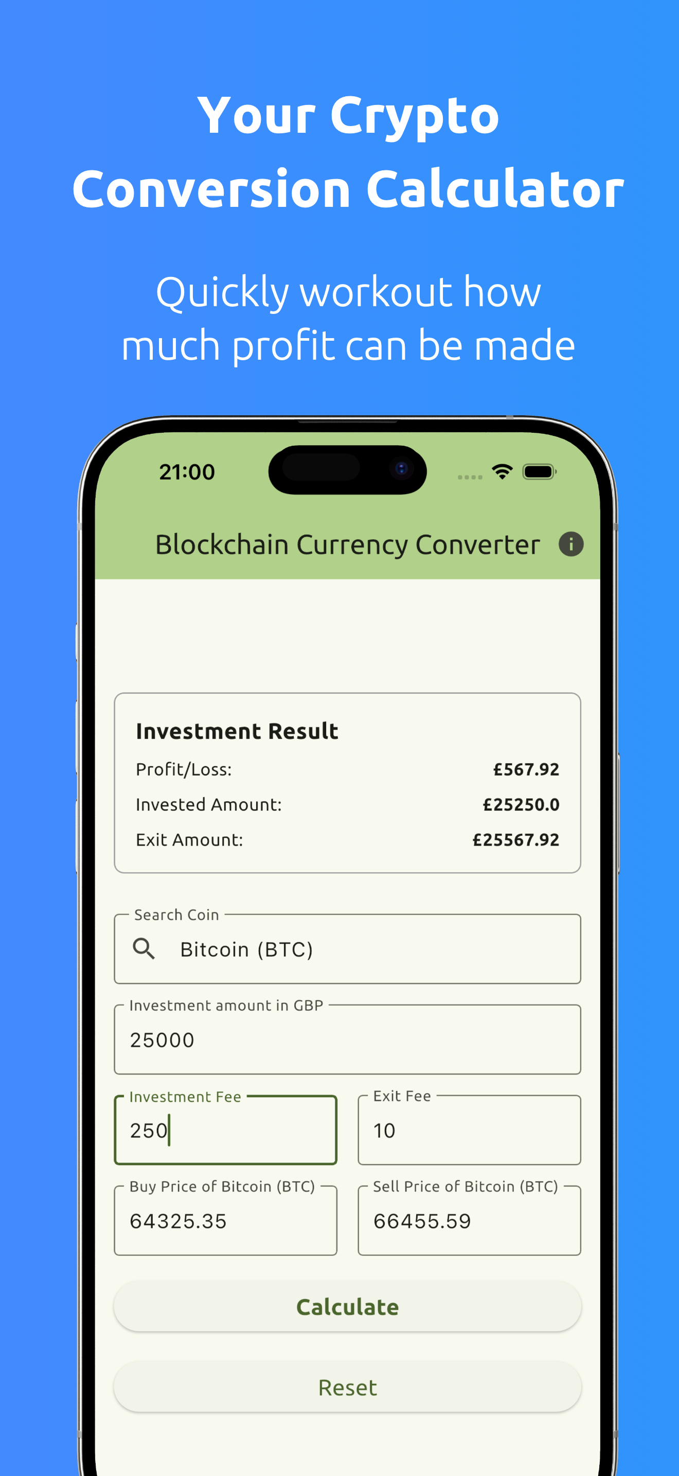 Profit calculation screen