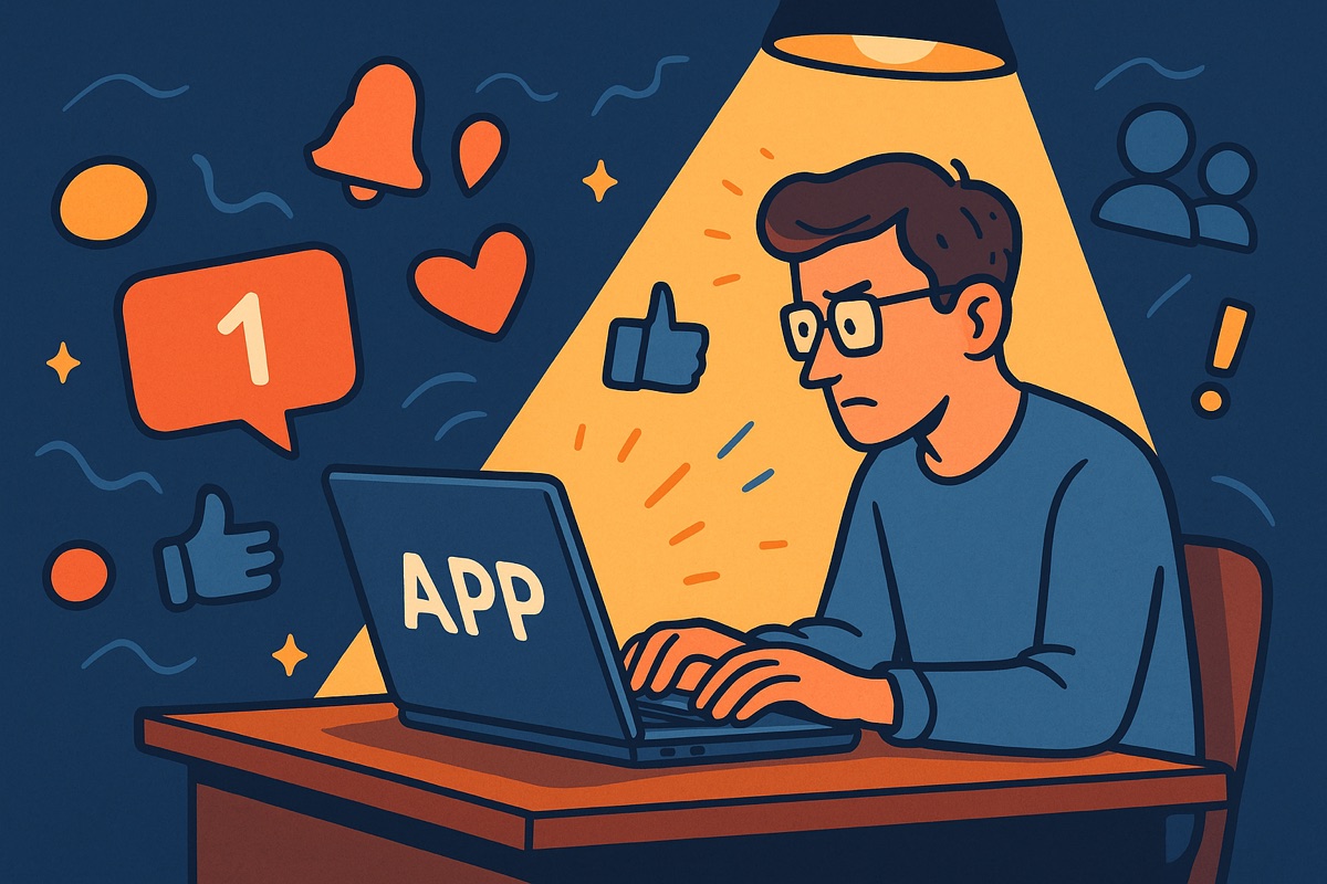 Illustration of a person coding under a spotlight while a sea of notifications and likes swirl around them.