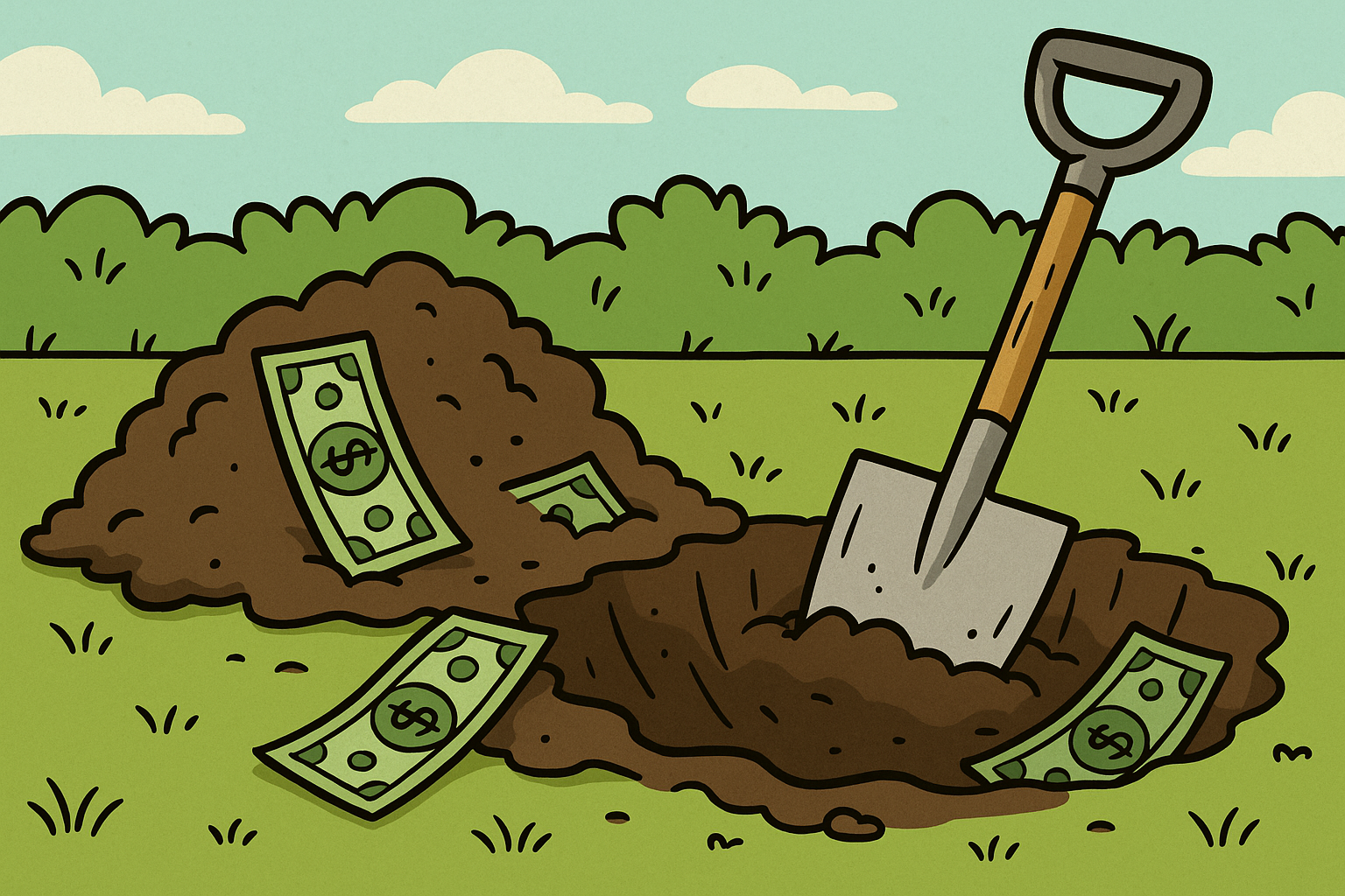 Cartoon of a hole being dug using a spade and finding riches in the dirt.