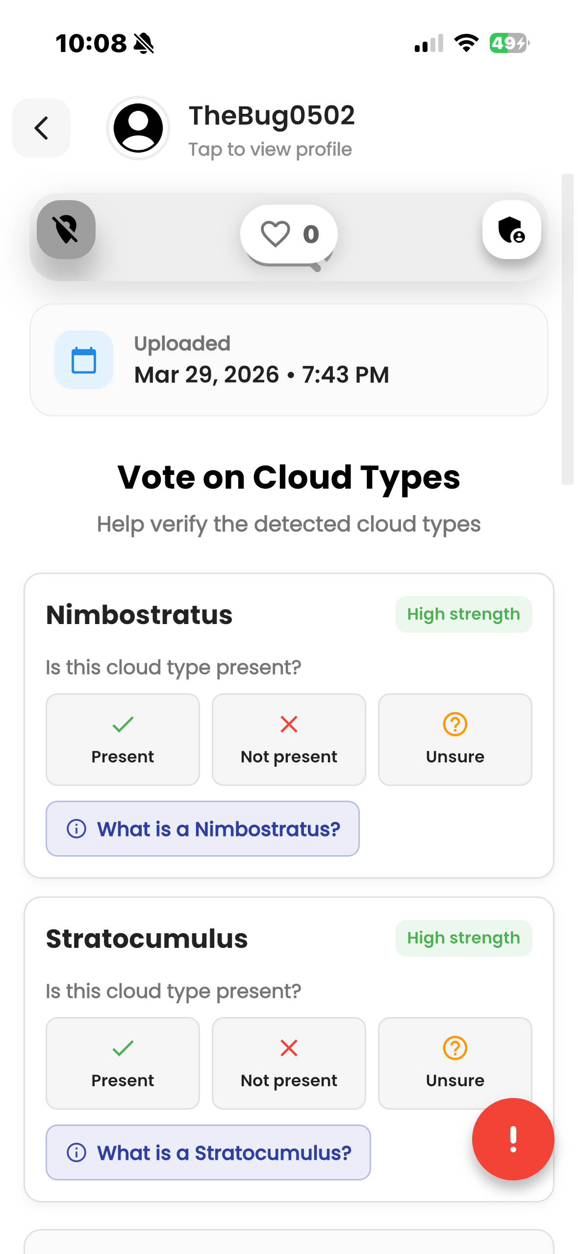 A TheBug0502 post in Cloud Point showing no image — just the cloud type voting interface with zero hearts.