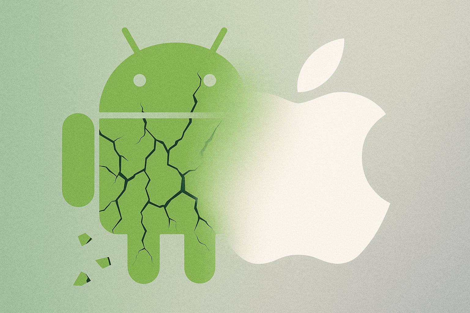 Illustration of a broken Android logo fading into an Apple logo.